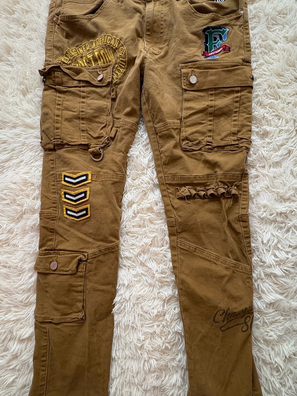 First Row Denim Men’s 36x32 Brown Embroidered Cargo Utility Pants